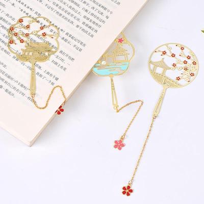 Chinese Style Brass Round Fan Bookmark with Colorful Tassel
