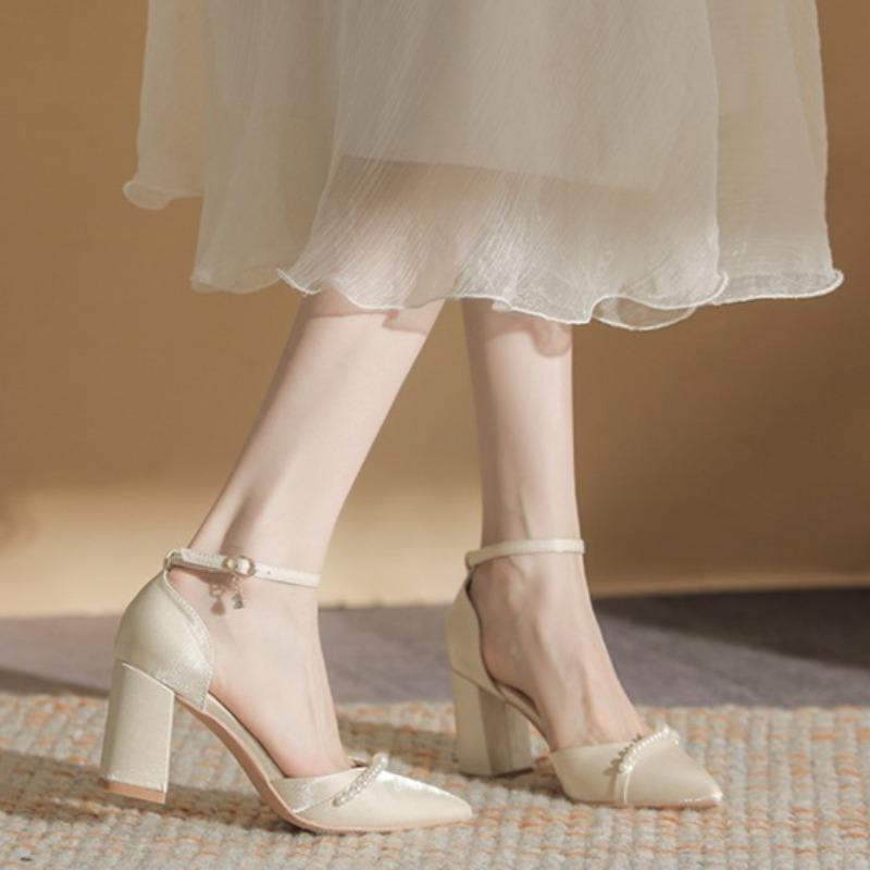 Fashion Pearl One Buckle High Heels Women's French Satin Pointed Toe Shallow Block Heel Non-Slip Square Heel Single