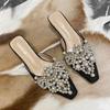 New Thick Heel Baotou Slippers with Pearl Decoration for Women's Head, Middle Heel, Soft Bottom, Half Tow, Outerwear Cool