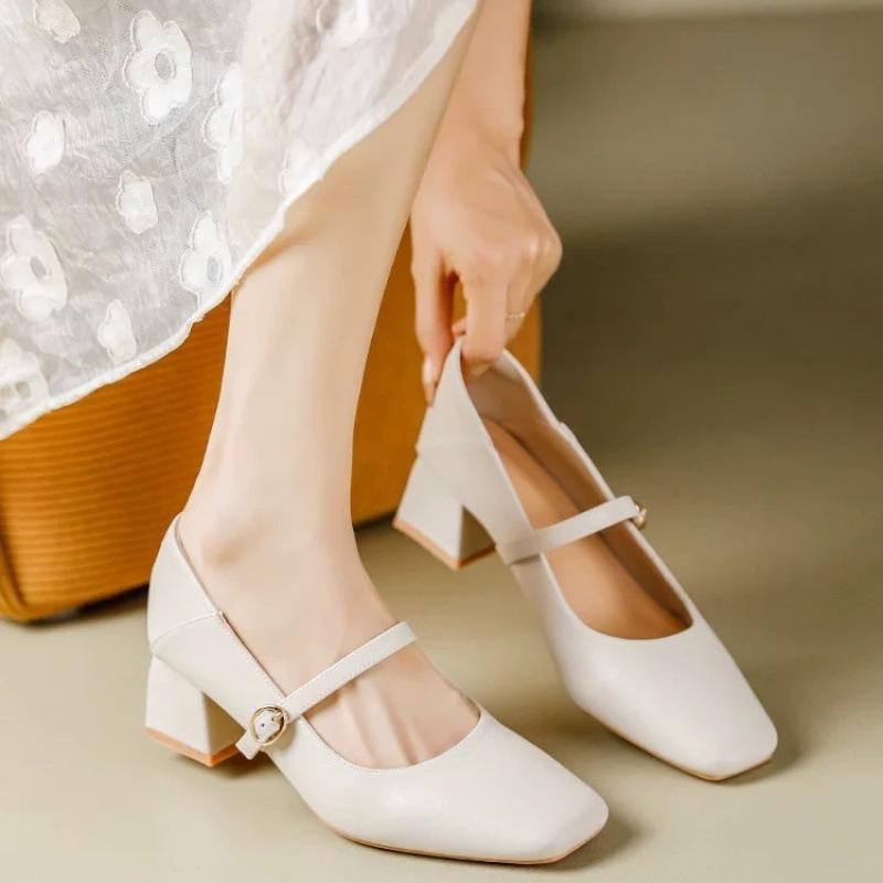 Temperament Coarse Heel Small Leather Shoes Women's Spring and Summer New French Single Shoes Gentle Square Head with Skirt Mary Jane Shoes