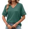 Solid Color V Neck Lace Splicing Loose Short Sleeve Casual T Shirt Top