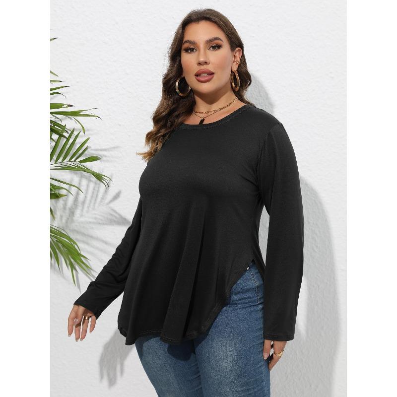 Women's Top Autumn/winter Long Sleeved Plus Size Women's Clothing Solid Color Casual Irregular T-shirt Base Shirt