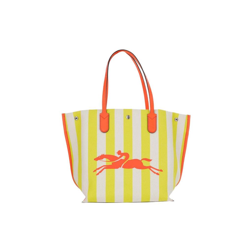 Longchamp Le Roseau Essential 32 Pferde-Print Druckknopfverschluss Baumwoll-Canvas Mit Lederbesatz Tragetasche Damen Tragetaschen Gelb Weiß 10090HCSH30