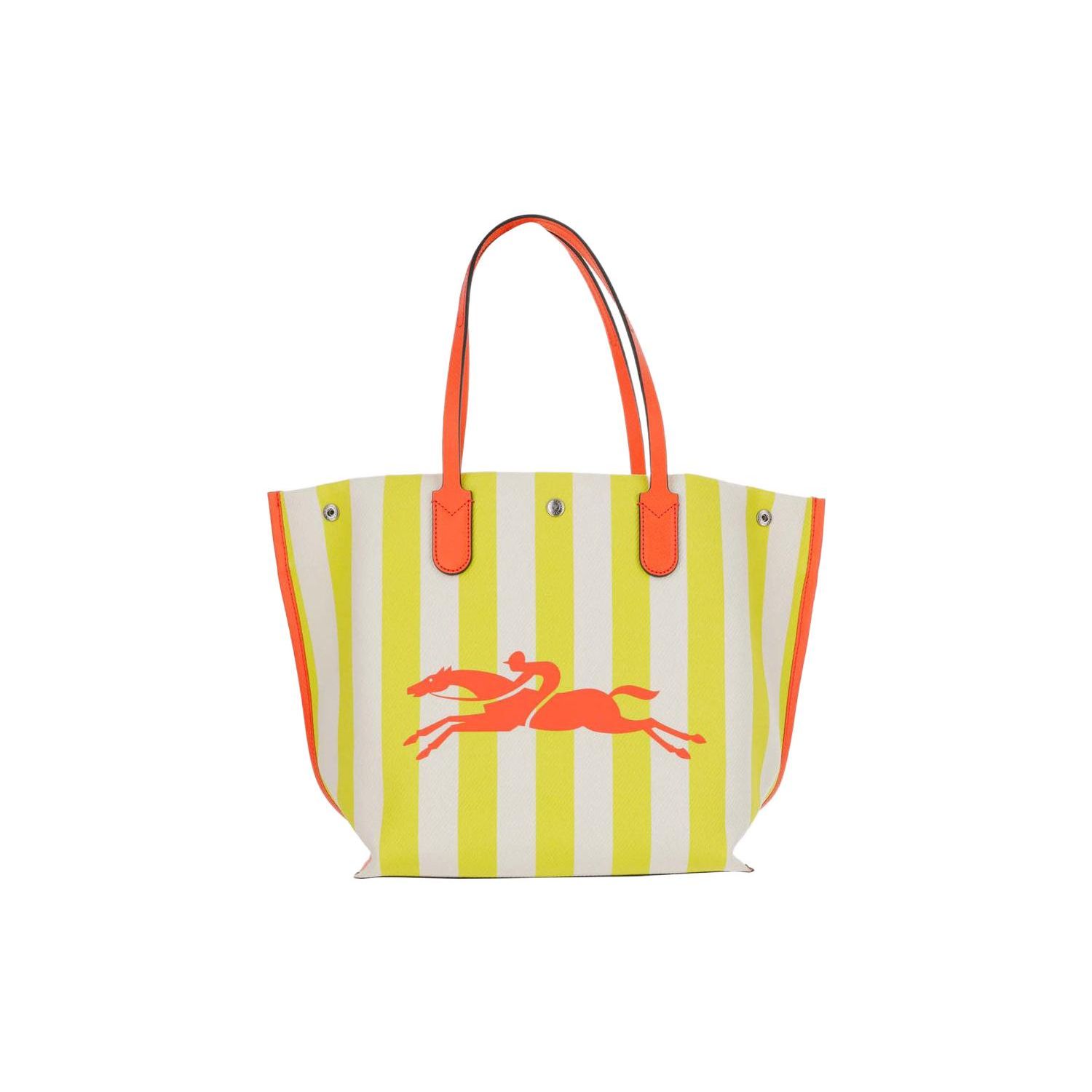 

Longchamp Le Roseau Essential 32 Horse Print Snap Closure Cotton Canvas With Leather Trim Tote Bag Women Tote Bags Yellow White 10090HCSH30 Yellow & White