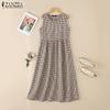 ZANZEA Women Casual Round Neck Sleeveless Plaid Print Summer Dress