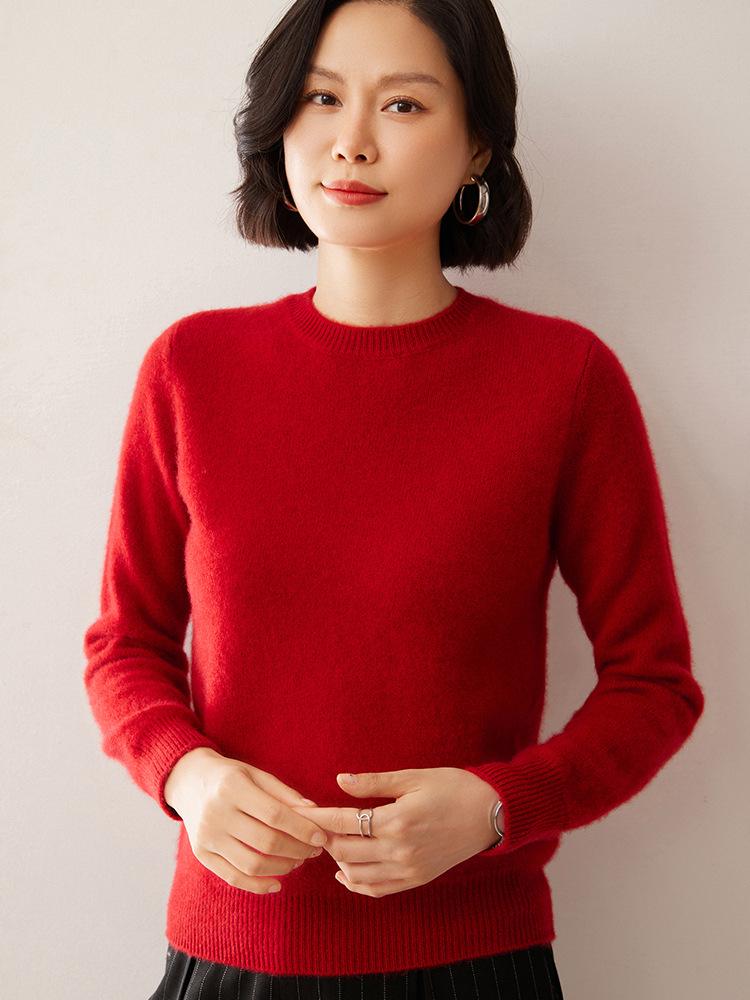 Women's Solid Color Cashmere Knit Sweater: Round Neck, Long Sleeve, Double-Ply Base Layer for Autumn & Winter.