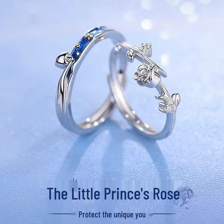 925 Sterling Silver Little Prince & Rose Couple Rings - High-End Open Band for Men & Women