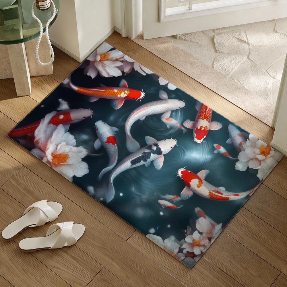 Koi-Fische, die Ihnen Glück bringen Bodenteppich Weiche Flanell-Tür Matte Rutschfest - Verdickter Teppich für Wohnzimmer Heimdekoration
