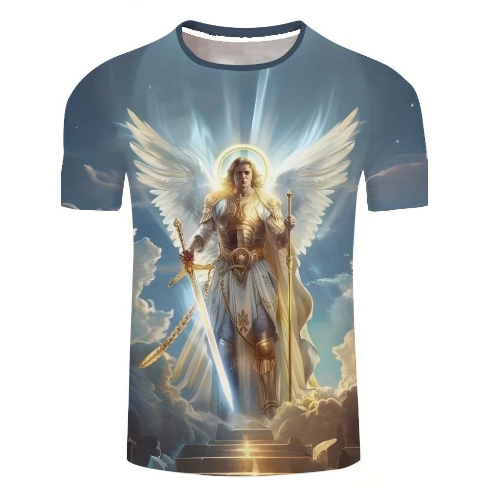 Mens 3d Angel Warrior Graphic T Shirt Golden Sword Design 3D Printed Tshirt For Men Clothes Wing Ornate Border Unisex Tee Tops
