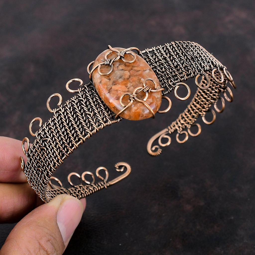 Sunstone Bangle Copper Wire Wrapped Cuff Bracelet Adjustable Bangle Sunstone Gemstone Jewelry Handmade Cuff Copper Jewelry Anniversary Gift
