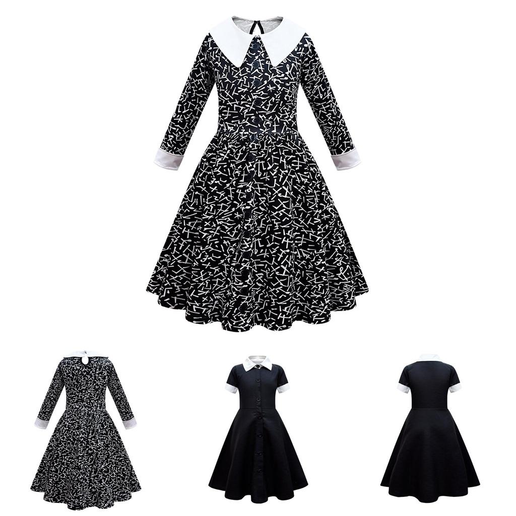 Addams Family Wednesday Cosplay Kostüm-Luxuriöses Schwarzes Kleid für Halloween Weihnachtsfeier