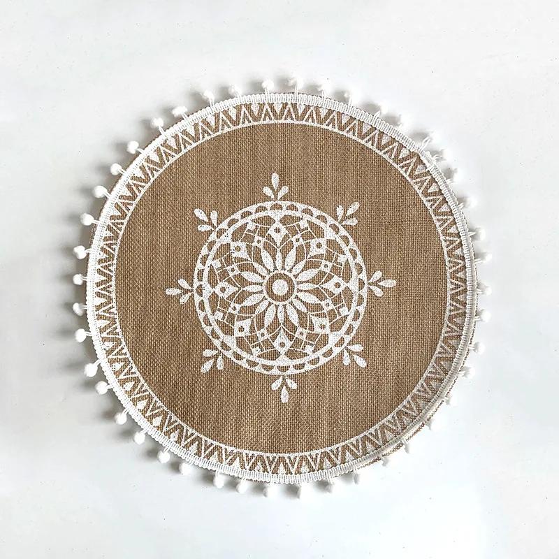 Boho Round Placemat 15 Inch,Farmhouse Woven Jute Fringe TableMats with Pompom Tassel Place Mat for Dining Room INS Table Decors