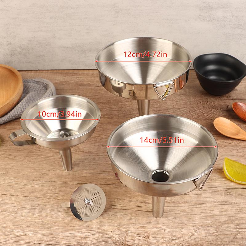 10cm 12cmn 14cm 304 Stainless Steel Funnel Kitchen Household Oil Wine Liquid Dispenser with Removable Strainer Mesh