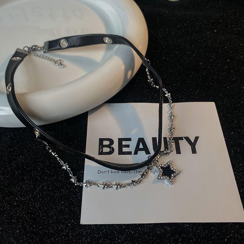 Black Flash Diamond Pentagram Pendant Double Layer Stacked Necklace Female Choker Sweet Cool Babes Niche Design Accessories