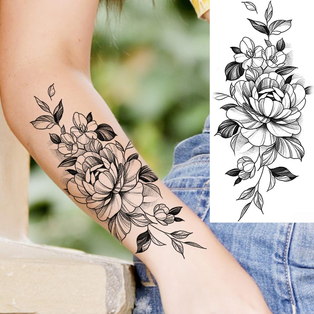 1 Sheet Black Flower Temporary Tattoos For Women Girls Realistic Fake Flora Floral Peony Tattoo Sticker Body Art Painting Decal
