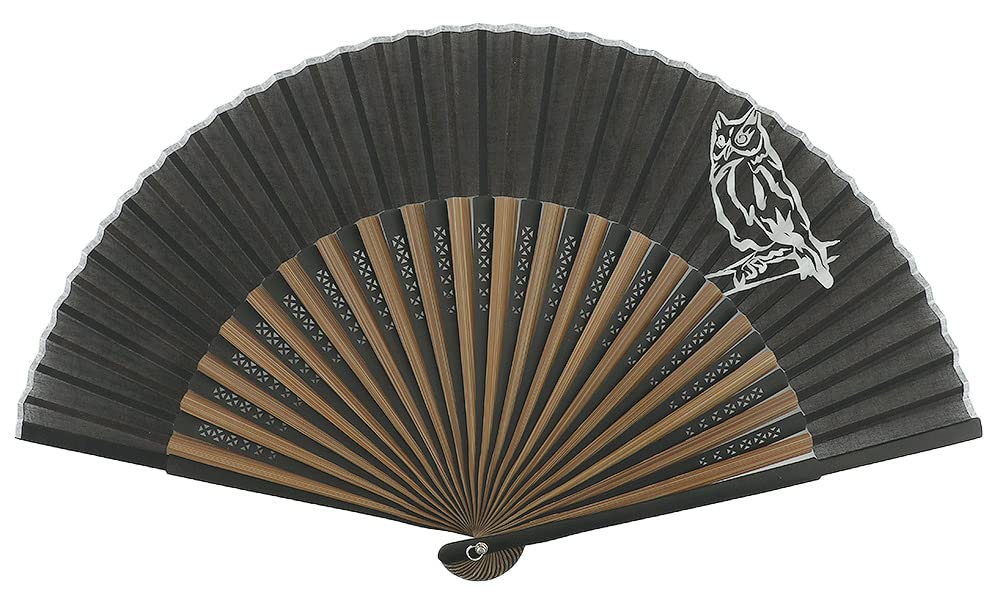 Onishi Kensei Cotton Monotone Print Folding Owl Co., Ltd. Fan, 22.5cm, Design, Black,  Ripple  S22-MCMP07