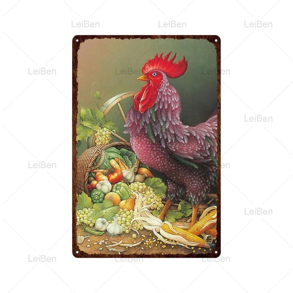 Kyckling Vintage Metallplåtskyltar Kyckling Tupp Höna Ägg Gård Staket Skylt Retro Plakett Dekorativ Plåt för Gårdstallrik Heminredning