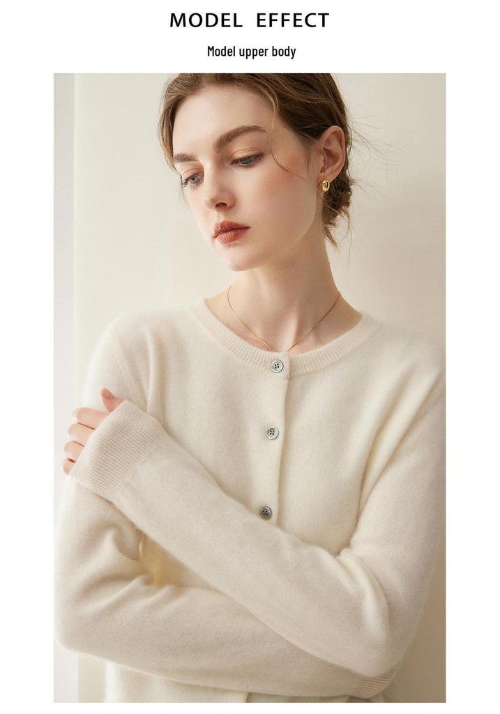 Lekasha 100% Pure Cashmere Knitted Round Neck Cardigan for Women