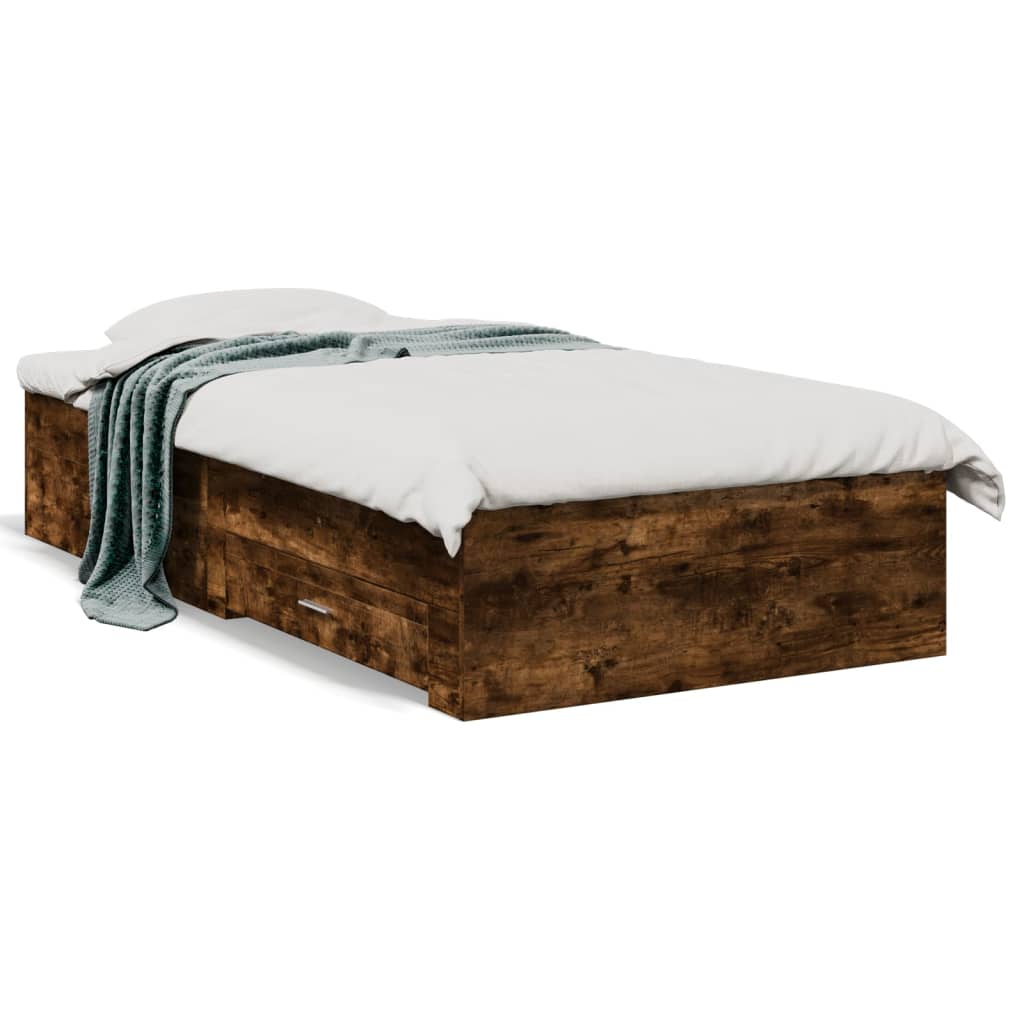 Bed Frame with Drawers Smoked Oak Finish 100x200 cm Engineered Wood
