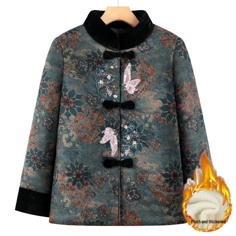 

Grandma s Winter Warm Cotton Jacket for Women - Middle-Aged & Elderly, Plus Velvet Thickened Tang Suit, Cold Protection Outerwear 4XL (suggested 120-135 lbs)