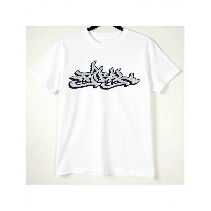 Unisex Y2K Tribal Graffiti T-Shirt - Black With White & Blue Art Print, Short Sleeve Round Neck Casual Urban Style, Breathable Fit For Casual Attire,