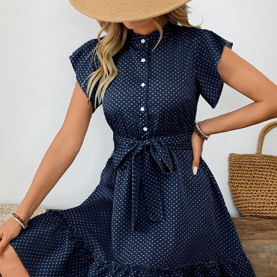 Holiday Breeze Ruffled Dress Summer Women's Elegant Lace Short Sleeve Tie-Up A-Line Dress