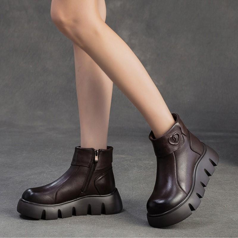 Johnature Warm Plush Women's Cotton Boots Retro Commuter Versatile Round Toe Thick Soled Ankle Boots