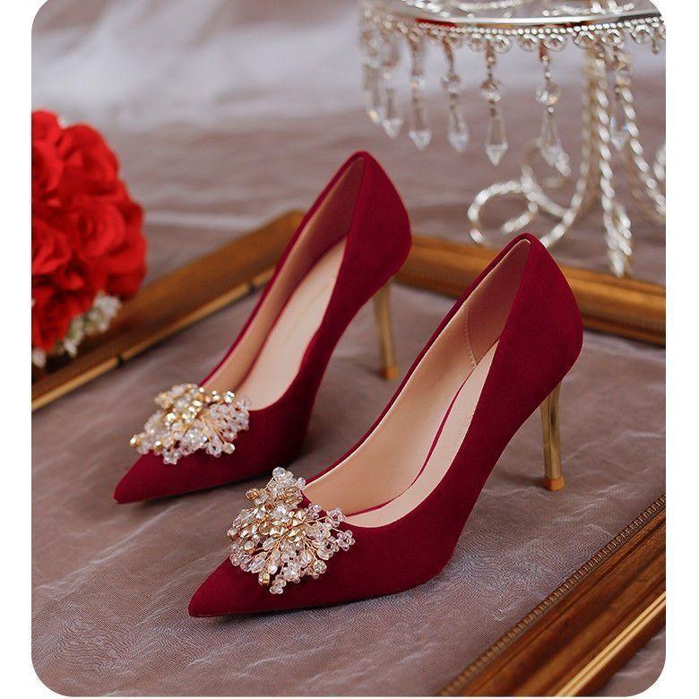 Slim Heel Chinese Xiuhe Wedding Shoes Women's New Elegant Bridal Shoes Red High Heels