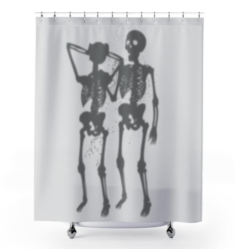 Funny Skeleton Couple Halloween Shower Curtain With Wedding Theme Pattern, Humorous Bathroom Decor For Couples Gift Idea