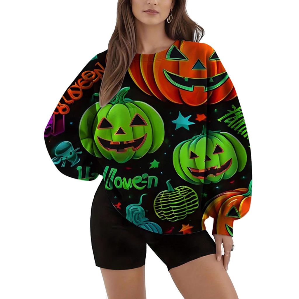 Women's Halloween Printed Round Neck Sweatshirt for Holiday and Casual Wear