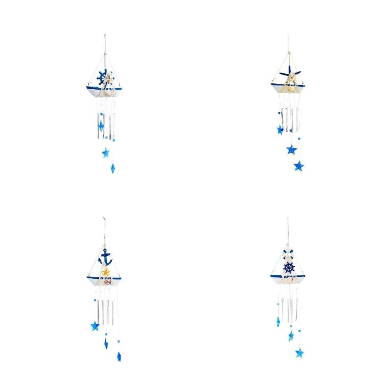 Coastal Wind Chimes with Blue and White Sailboats, Carving and Painted Detail, and Metal Tube, Star Pendants for Entryway Decors