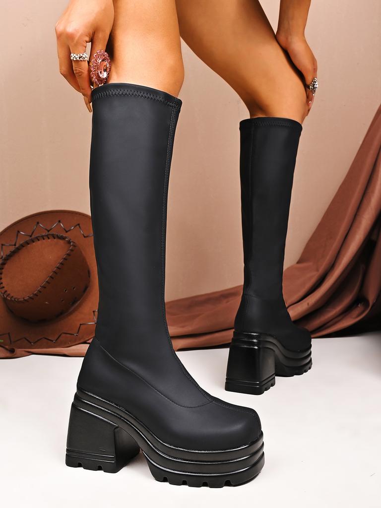 Fashion Autumn and Winter Black Long Boots for Women Platform Large Size Round Head Chunky High Heels Bota Feminina Elastic Knight Boots