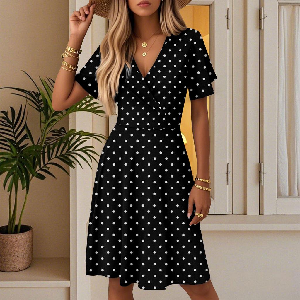 Damen Casual Fashion Kleid Vintage Floral Floral Kurzarm V-Ausschnitt Kleid