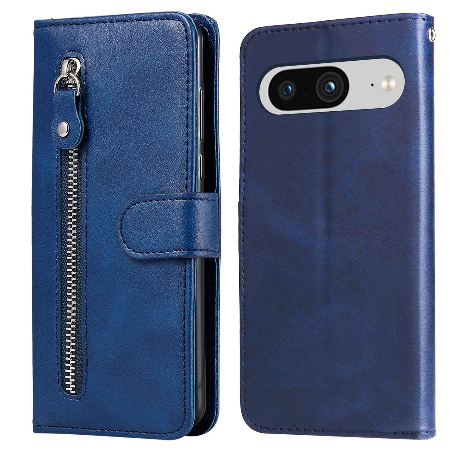 

For Google Pixel 8 Zipper Pocket Wallet Cover Calf Texture PU Leather Phone Case with Stand Blue