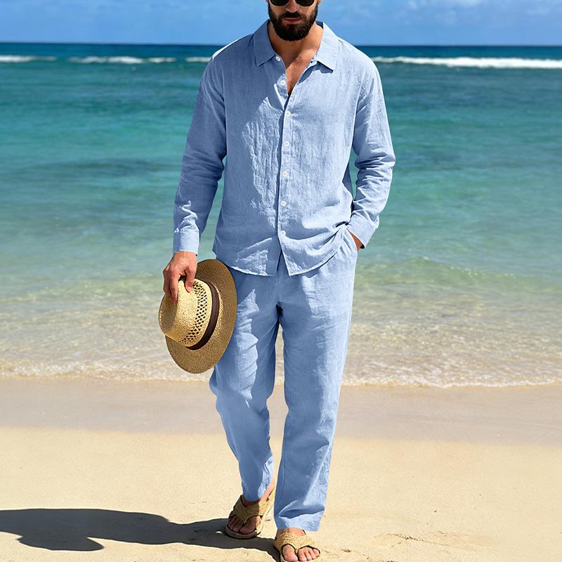 Men's Linen Long-Sleeve Lapel Shirt & Straight-Leg Pants Set for Casual Spring/Autumn Beachwear