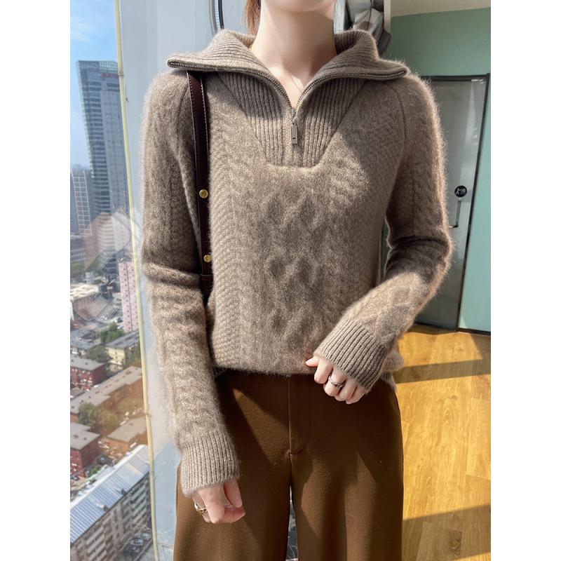 Women's Heavyweight Three-Ply Wool Half-Zip Sweater - Fashionable & Versatile for Autumn/Winter.