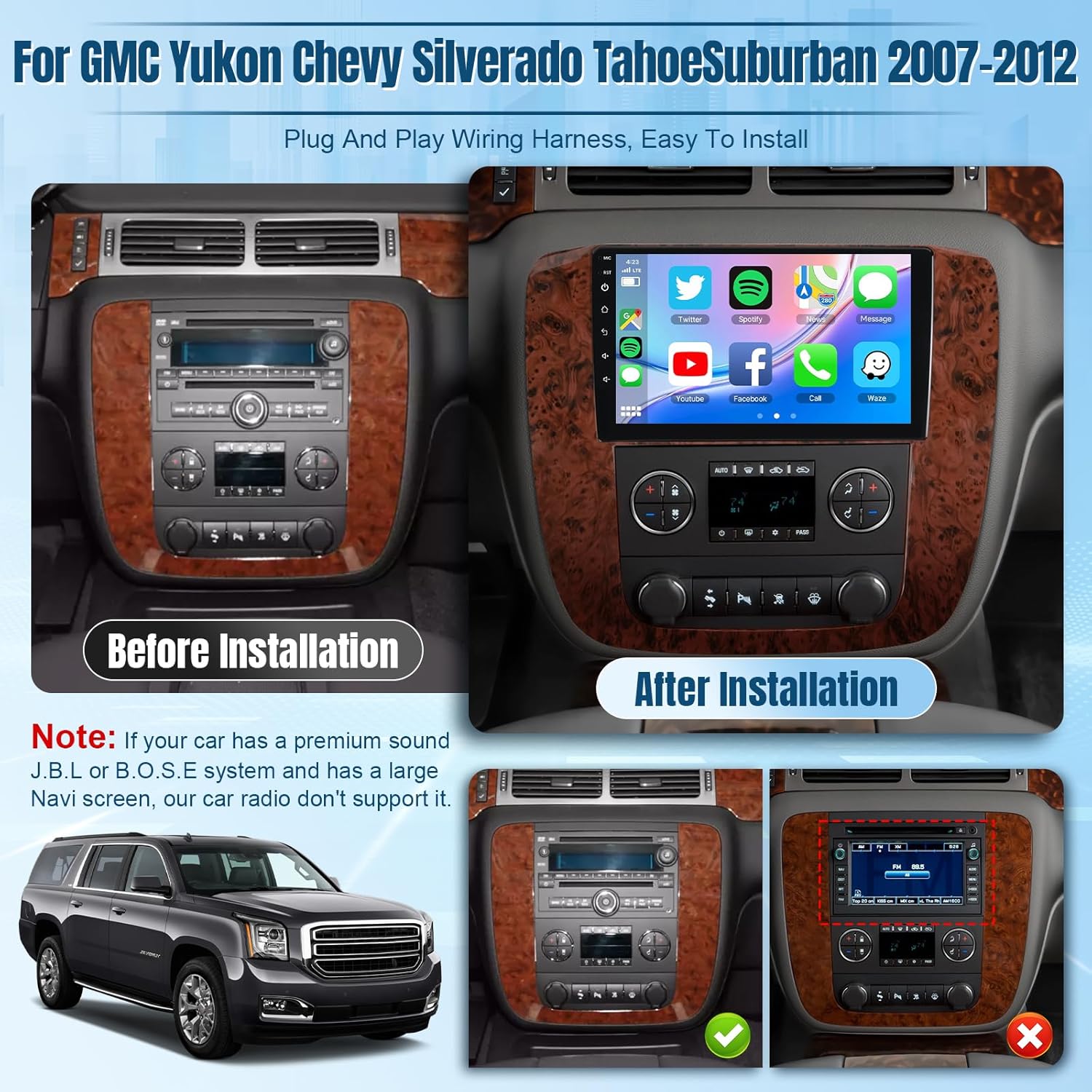 

Android Car Radio for GMC Yukon 2007-2012 with CarPlay, Android Auto, 9 IPS Touch Screen, Bluetooth, GPS, WiFi, 2+32GB 4Core 2G 32G