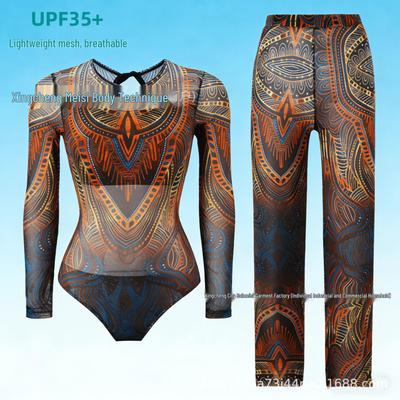 Damen-Badeanzug mit langen Ärmeln, Sonnenschutz-Netzstoff und Hose