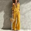 Women Off Shoulder Crop Top and Wide Leg Pants Set Solid Beige