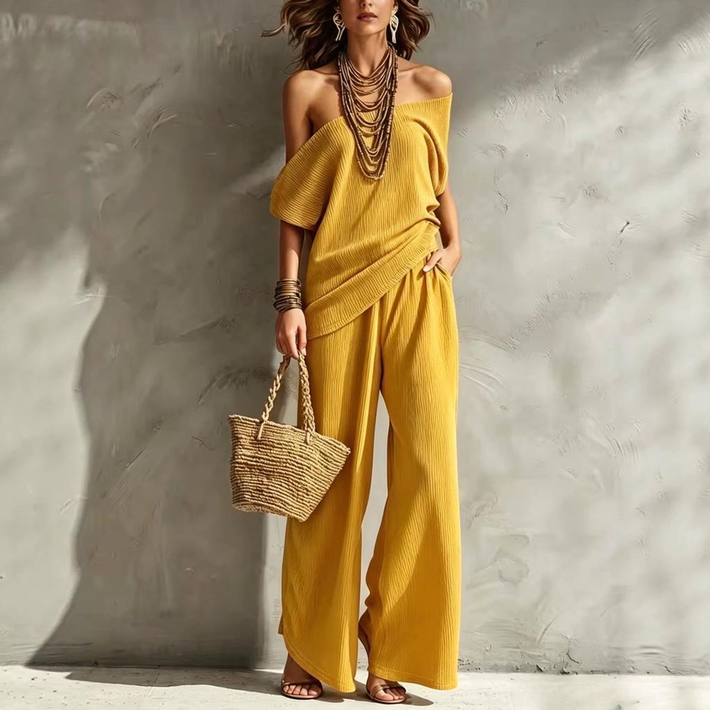 Women Off Shoulder Crop Top and Wide Leg Pants Set Solid Beige