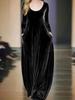 Autumn Winter New Style Crew Neck Velvet Elegant Long Sleeve Dress with Wide Skirt and Solid Color