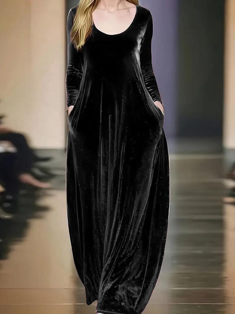Autumn Winter New Style Crew Neck Velvet Elegant Long Sleeve Dress with Wide Skirt and Solid Color