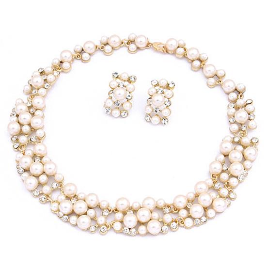 

2шт женщин мода искусственный жемчуг горный хрусталь инкрустированные ожерелье серьги комплект ювелирных изделий белый