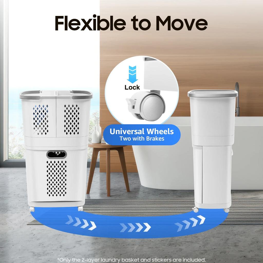 Bymaocar 2 Layers White PP Material Laundry Basket with Wheels Freestanding Multi-function Clothes Basket for Toilets, Bedrooms