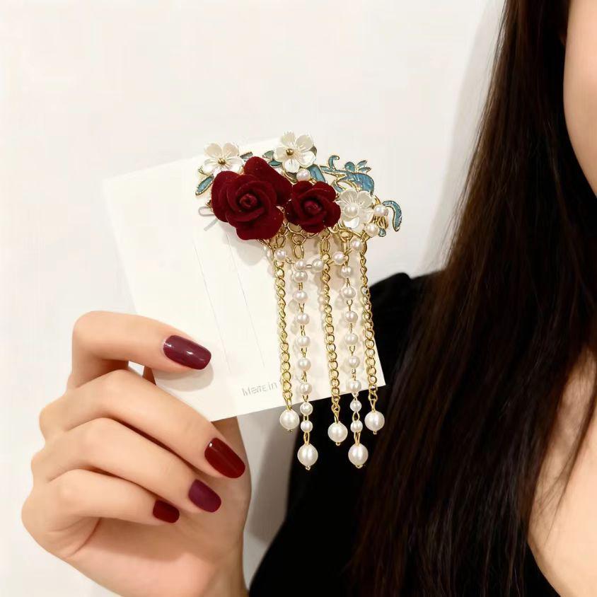 Elegant Red Rose Bridal Hairpin: Chinese Style U-Shaped Tassel Headdress
