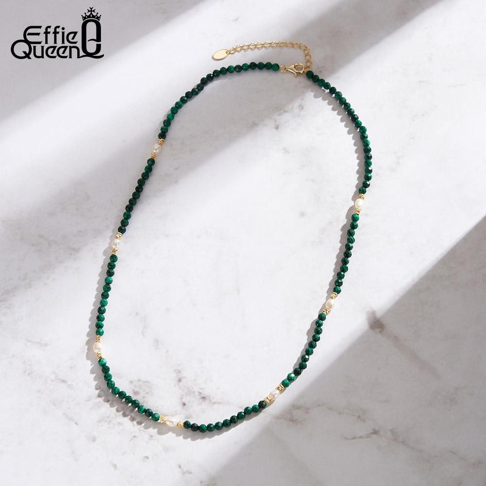 EFFIE QUEEN 925 Sterling Silver 14K Gold Choker Necklace Natural Freshwater Pearl With Malachite Natural Stone Series Gift MPN07