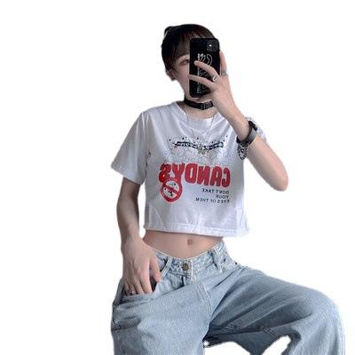 Women's summer short t-shirt female Hyunya navel Korean version ins trendy loose and thin couple's short top printing