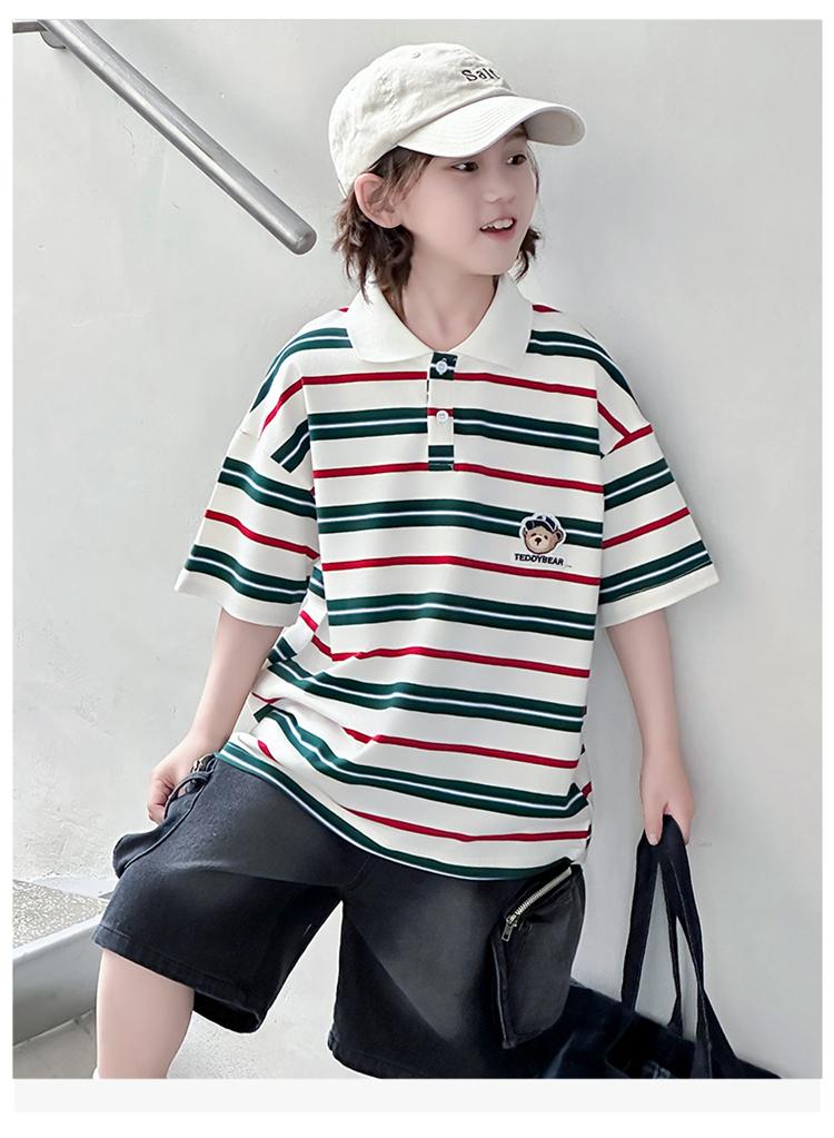 Boys' short sleeved T-shirt for summer 2026, new mid size children's striped T-shirt, thin children's summer polo shirt