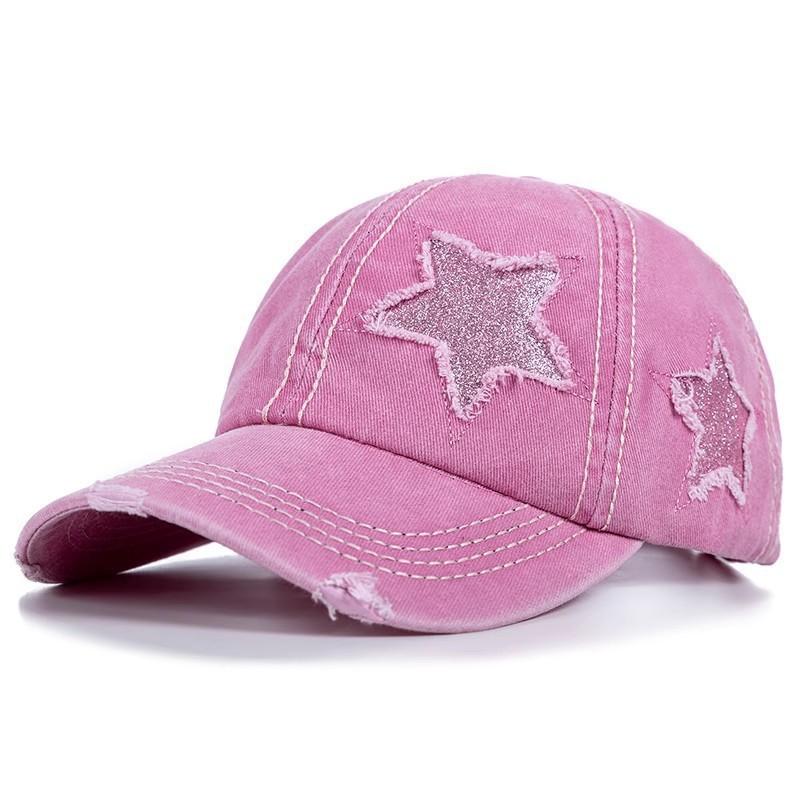 Foreign Trade New Pure Cotton Washed Ponytail Cracked Five-pointed Star Baseball Cap European/American Tide Curved Brim Ponytail Cap