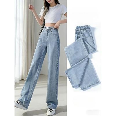 Light Color High Waist Wide Leg Loose Straight Jeans Women Spring Summer Fashion Petite Fit Stretch Denim Pants